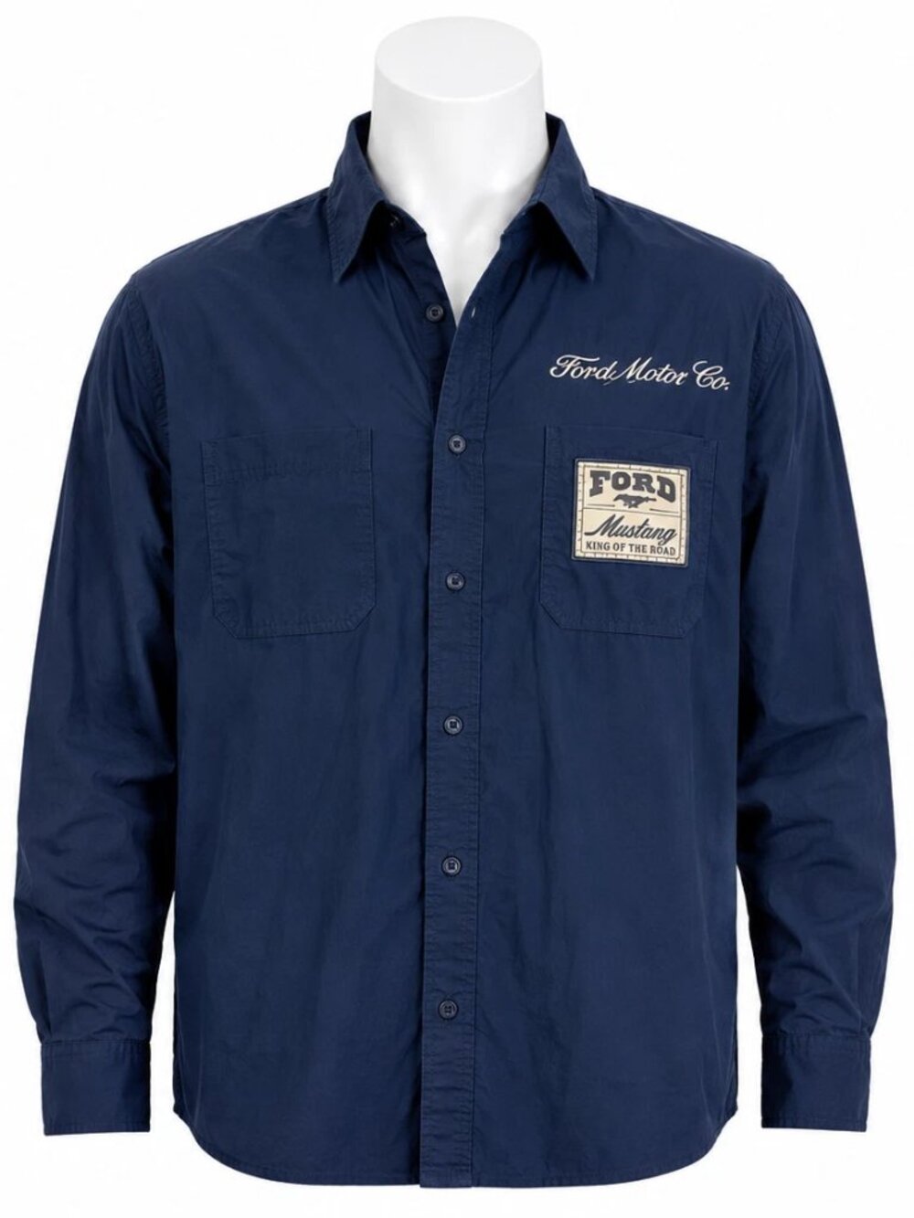 Ford Mustang Shirt Mens Blue Long Sleeve Button Up Racing Workwear XL EUC